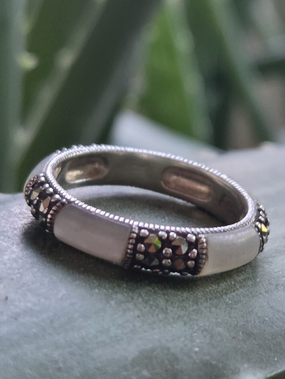 Vintage 925 Mother  Of Pearl & Marcasite Ring/ Band. Size 8. Signed Thailand.